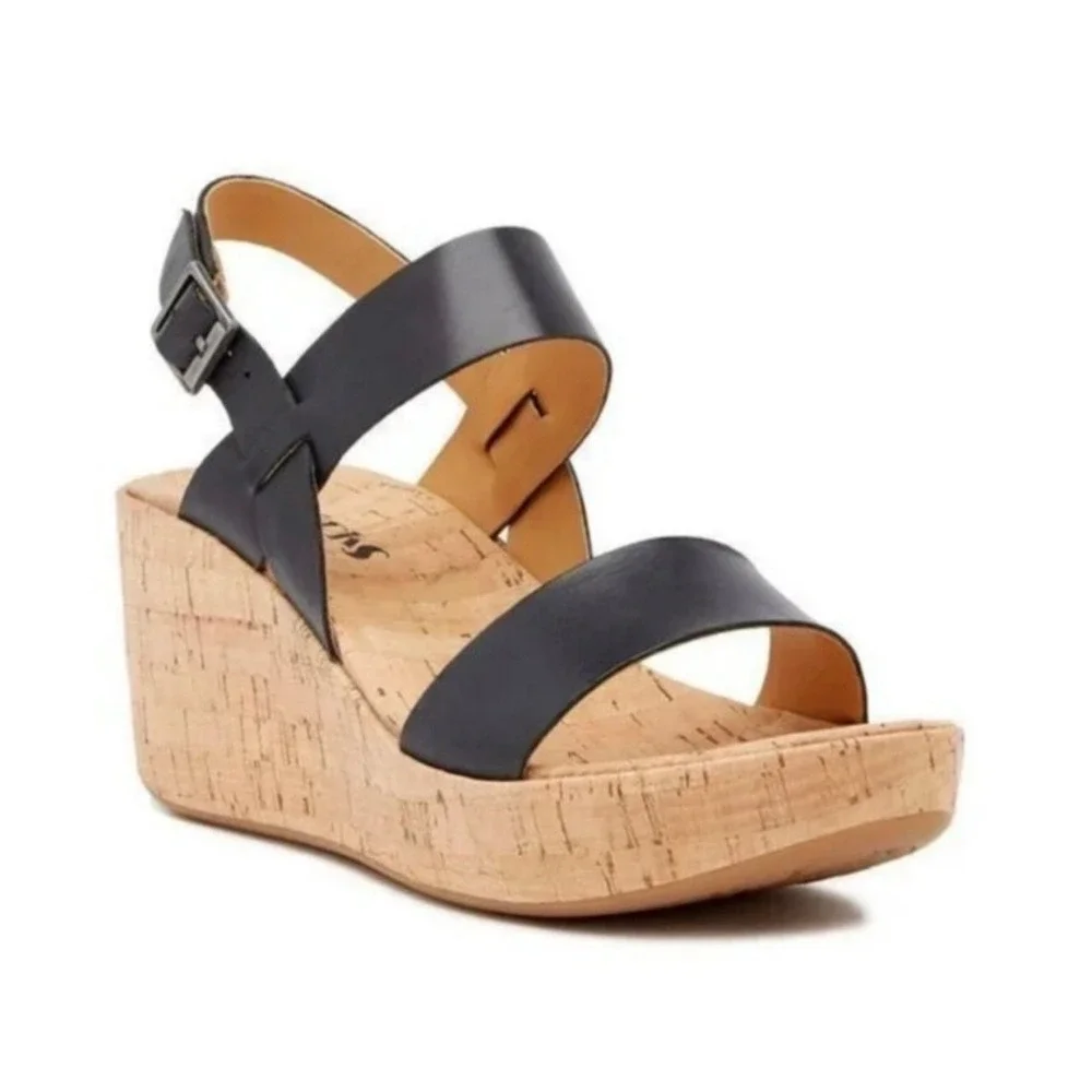 TT Kork-Ease Austin Black Leather‎ Wedge Platform Sandals Sz 9M